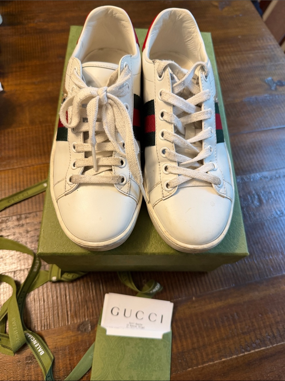 Gucci Kids White Leather Sneakers with Green & Red Web Detail